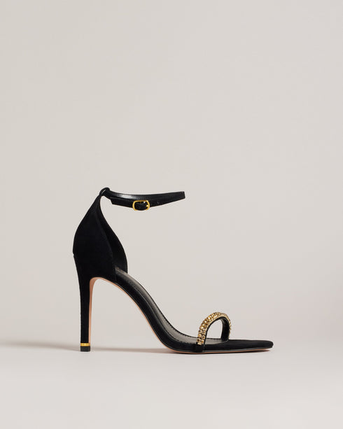 HELENNI-Sandals-Whether you're strutting down the city streets, sipping cocktails at a rooftop bar or dancing the night away, the HELENNI heels are your new partner in crime. With their open toe design, golden detailing to the heel and crystal embellishment, these heels are sure to make a statement. Heeled sandals Crystal embellished band Open toe Padded insole Buckle fastening Gold heel band with logo engraved ring Heel height: 10.3cm- Ted Baker Romania